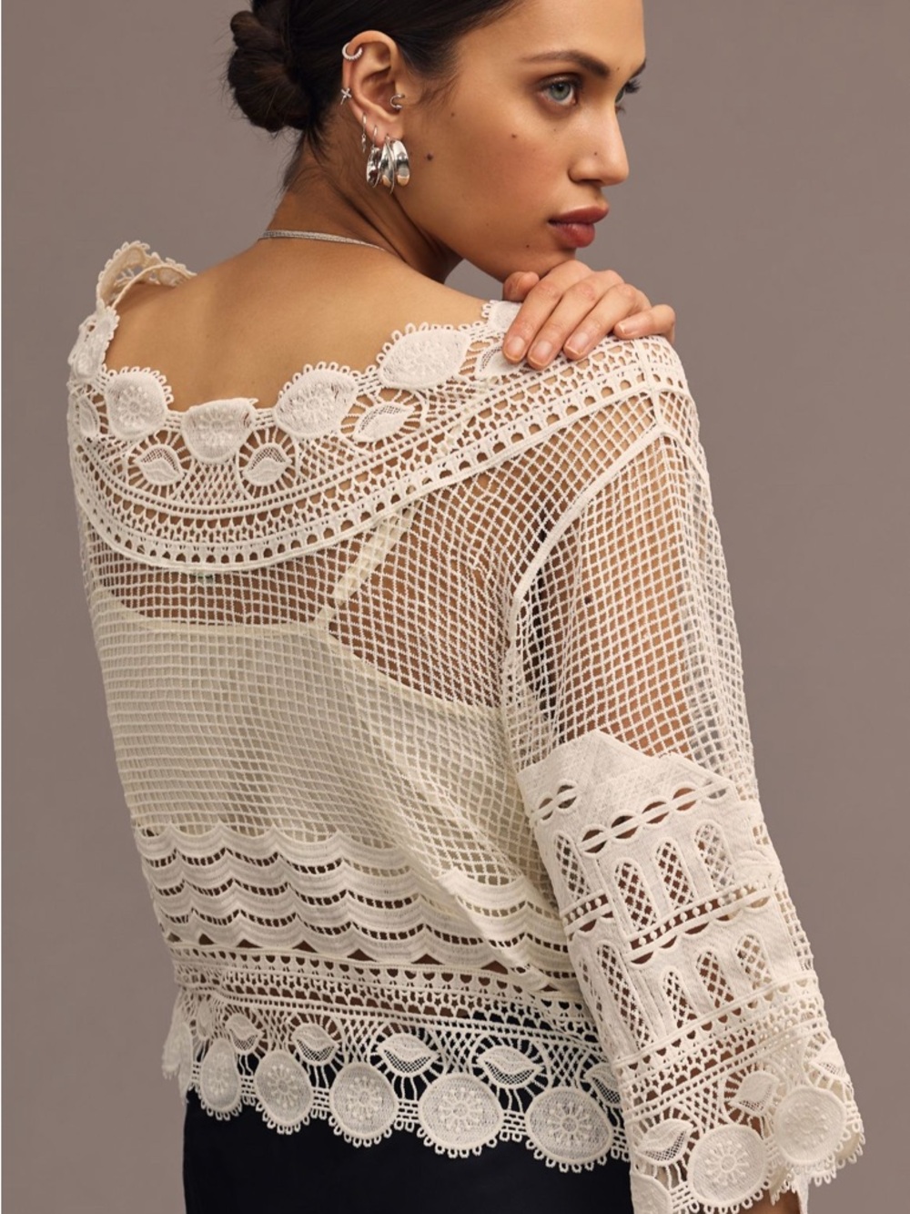 FARM Rio Morada Boa Guipure Blouse Crochet Coastal Resort Off White Size L - Picture 3 of 13
